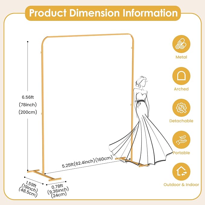 5.2 * 6.56 FT Metal Backdrop Frame Stand, Wedding Decor Flower Arbor Stand, Balloon Arch Backdrop, Golden