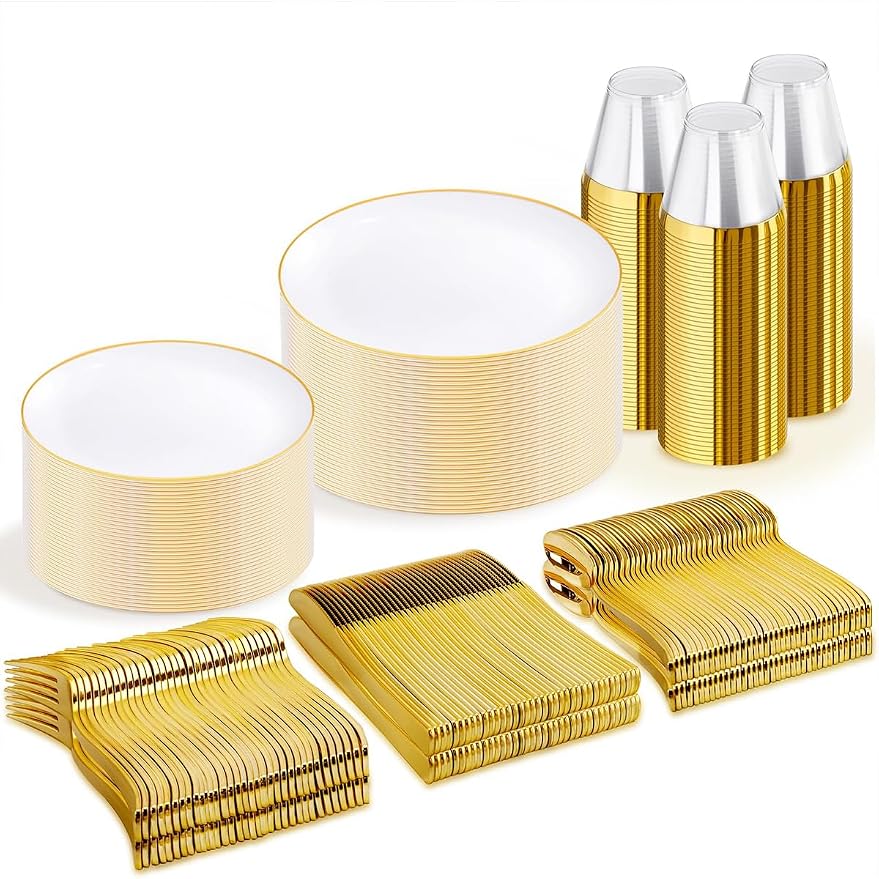 WDF 300Pcs White and Gold Plastic Plates - Gold Plates Disposable - Disposable Dinnerware Include 50 Dinner Plate 50 Dessert Plate 150 Cutlery 50 9oz Cups for Wedding/Birthday/Party/Thanksgiving