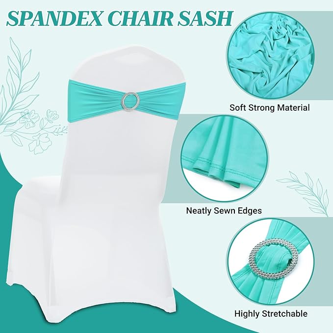 MDS Pack of 25 Spandex Chair Sashes Bow Premium Stretch Chair Cover Band with Buckle Slider Universal fits Elastic Stretch Chair Ties for Wedding Party Banquet Events Decoration - Aqua Blue