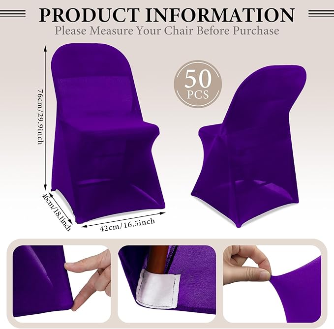 Newwiee 50 Pcs Spandex Chair Covers Bulk - Stretch Folding Flat Front Fitted Universal Chair Protector Pack Removable Washable for Wedding Party Dining Banquet Event (Purple)