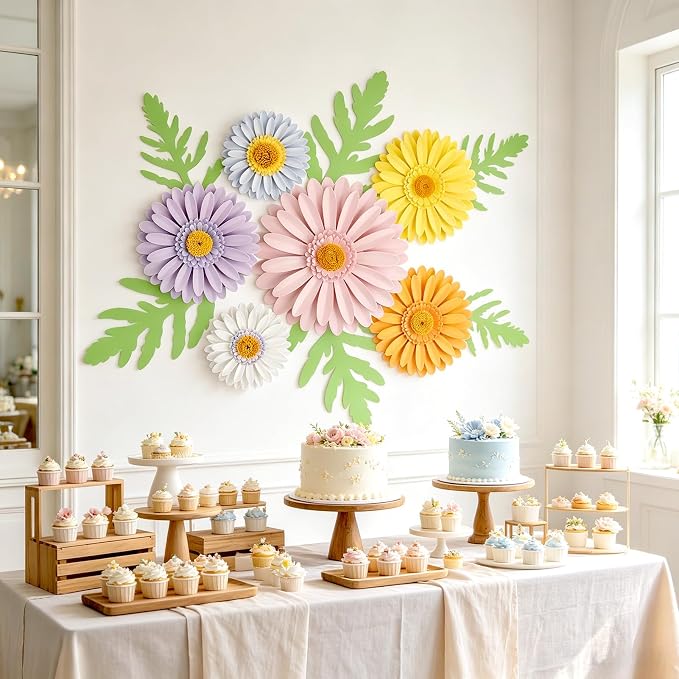 SUNBEAUTY Daisy Party Decorations, Paper Flowers, Flower Wall, Purple Yellow Flowers Wall Hanging, 1st Birthday Bridal Baby Shower Wedding Classroom Tea Party Daisy Décor 10" 7" 5" Pack of 12