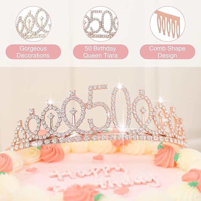 50TH Birthday Gifts for Women,Vintage Engraved 50th Wine Glass,50 Year Old Birthday Decorations For Her,50&Fabulous Sash and Tiara For Women,Friends,Sister-Turning 50th Party Favor Supplies
