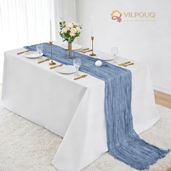 12 Pack Dusty Blue Cheesecloth Table Runner 21x120 Inches, Boho Gauze Rustic Semi Sheer Cheese Cloth Table Runners for Easter Wedding Bridal Baby Shower, Birthday Party, Long Farmhouse Table Decor