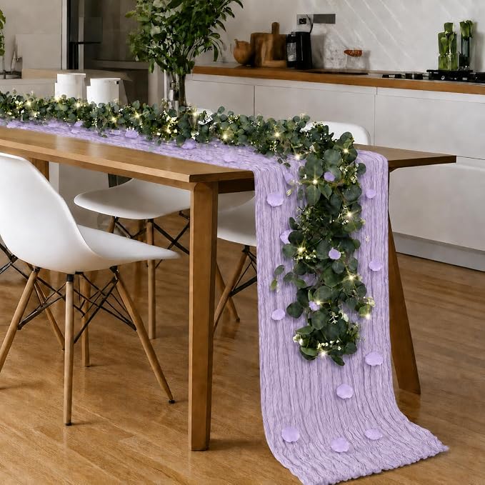 Cinrobiye 11PCS Boho Cheesecloth Table Runner Set with Rose Petals, 120 Inch Gauze Table Runner, Wrinkled Napkins, Eucalyptus Garland and String Lights for Wedding Baby Shower Tea Party Decorations