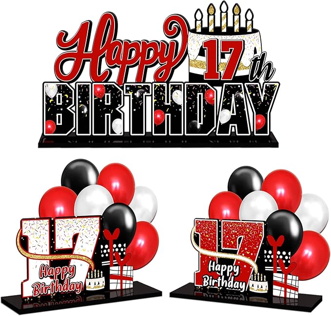 LINGTEER Happy 17th Birthday Red Acrylic Table Topper Centerpieces Set - Cheers to Seventeen Years Old Birthday 17th Bday Party Gift Decorations.