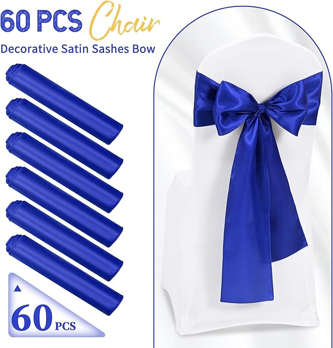 60 PCS Royal Blue Satin Chair Sashes, Ties Bows Designed Chairs Decorative, Chair Cover Sashes for Thanksgiving Wedding Christmas Banquet Party Home Kitchen Decoration (7 x 108 inch)
