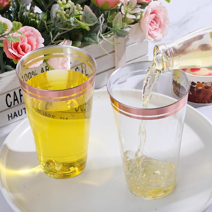Sliner 50 Pcs Hard Plastic Cups Double Rimmed Plastic Cups Heavy Duty Fancy Wine Glasses for Holiday Christmas New Year Winter Birthday Party Supplies(16 Oz,Rose Gold)