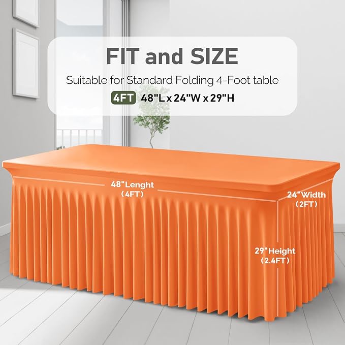 1 Pack Orange Table Clothes for 4 Foot Rectangle Tables, One-Piece Wrinkle Resistant Stretch Spandex Table Covers with Skirt for Event Banquet Wedding Birthday Party