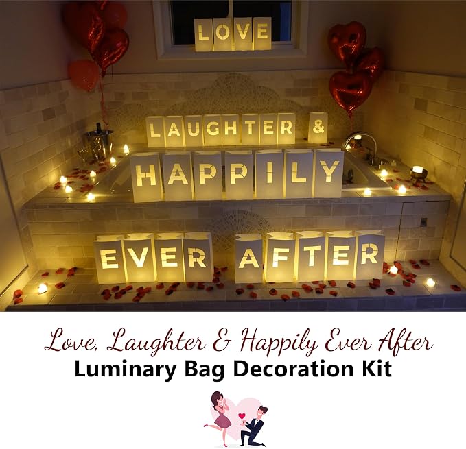 Love Laughter & Happily Ever After Luminary Bags with LED Tea Light Candles, Balloons, and Rose Petals – Romantic Decorations for Proposals, Anniversaries, and Special Moments