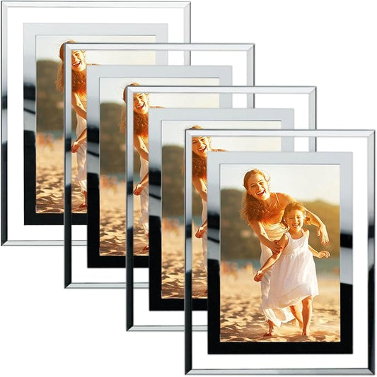 HIKWADERY 4x6 Picture Frames Silver - Set of 4, HD Real Glass 4 by 6 Photo Frame Mirrored Edge Great Gift, for Tabletop Display, Wedding Birthday Mothers Day Gifts (4 x 6, Silver)