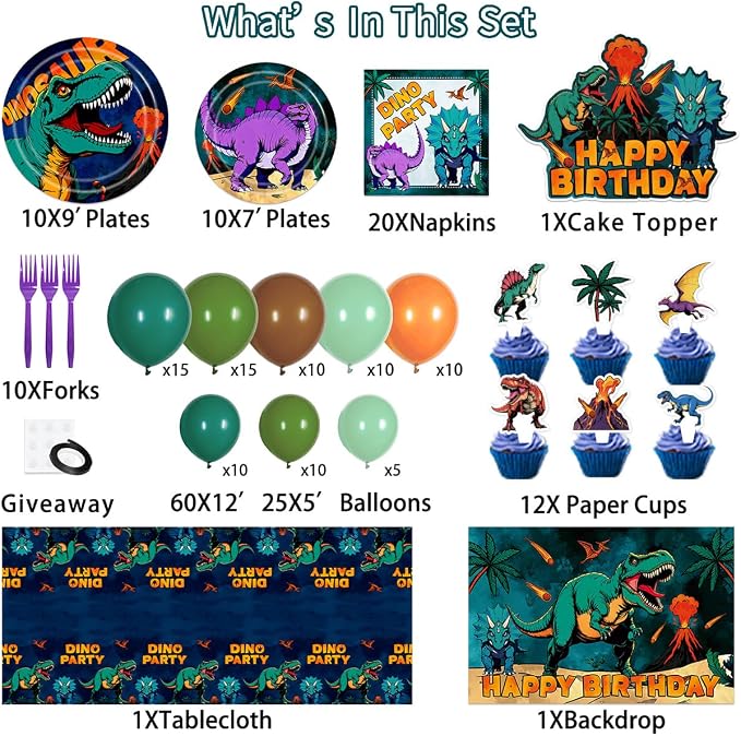 150Pcs Dinosaur Birthday Decorations Dinosaur Themed Party Decorations Set Includes Banner Backdrop Tablecloth Balloons Plates Forks Cake Toppers Cupcake Toppers