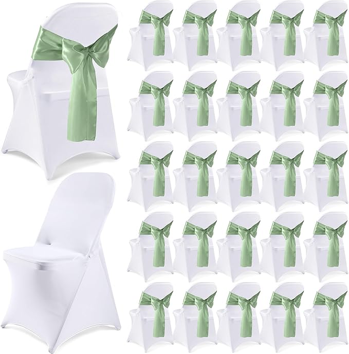 Lounsweer 50 Pcs Folding Chair Cover Set with 25 Stretch Spandex Slipcovers 25 Satin Chair Sashes Bows Ribbon Washable Banquet Protector for Wedding Event Party(White, Sage Green)