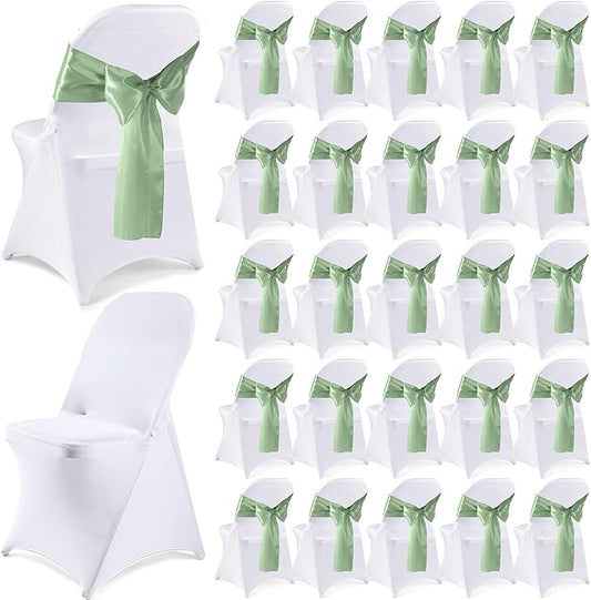 Lounsweer 50 Pcs Folding Chair Cover Set with 25 Stretch Spandex Slipcovers 25 Satin Chair Sashes Bows Ribbon Washable Banquet Protector for Wedding Event Party(White, Sage Green)