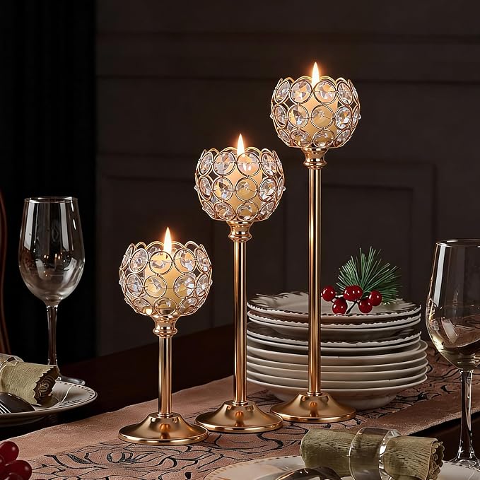 Gold Crystal Candle Holders Candlestick Holders - 2 Sets Tall Bling Bowl Candelabra Centerpieces for Dining Table, Wedding, Party & Fireplace Mantel Decor,6Pcs