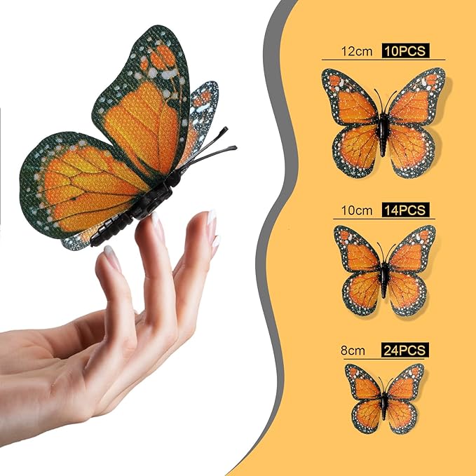 Chuangdi 100 Pcs Orange Monarch Butterfly Decorations 3 Size Fake Butterflies Realistic Butterfly Craft Artificial Mariposas Wall Decor for Craft Wedding Home Birthday Party (3.2inch,4inch,4.7inch)