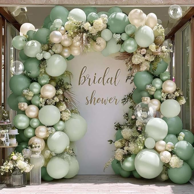 Dusty Green Balloon Arch Kit Double Stuffed,Pearl Light Sage Green White Sand Beige Balloon Garland with Clear Bobo for Bridal Birthday Wedding Baby Shower Graduation Party Decoration