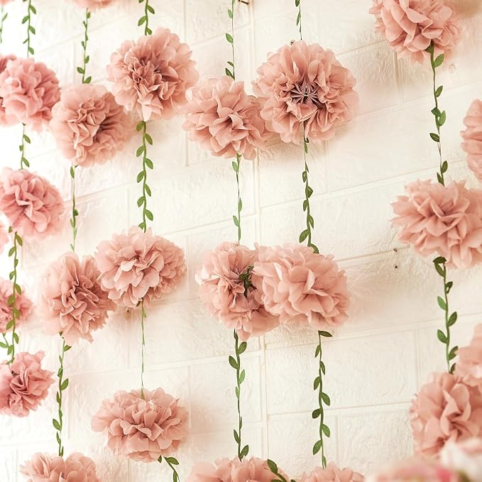 Homarkable Pink Tissue Paper Pom Pom Garlands, Paper Flowers for Birthday Decorations, Baby Shower, Wedding Engagement, Bridal Shower, Spring Summer Party Decorations, 4 Pcs