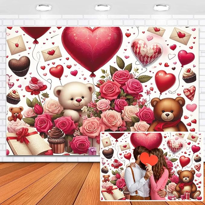 6x4ft Vinyl Happy Valentine's Day Backdrop Rose Bear Hearts Balloons Photo Background Valentines Bridal Shower Mother's Day Photoshoot Backdrops