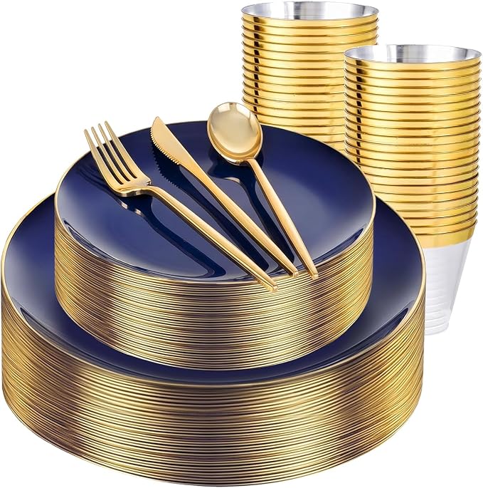 bUCLA 150PCS Blue and Gold Plastic Plates - 25 Guests Navy Blue Plastic Dinnerware Disposable for Party & 4th of July - Include 25 Dinner/Dessert Plates, 25 Knives, 25 Forks, 25 Spoons, 25 Cups