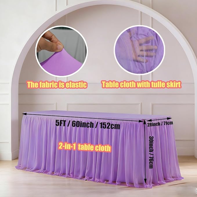 Light Purple 2-in-1 Stretch Tulle Table Cover & Skirt – Fits 5ft Rectangular Tables, Perfect for Baby Shower, Bridal, Birthday & Princess Parties (1 Pack)