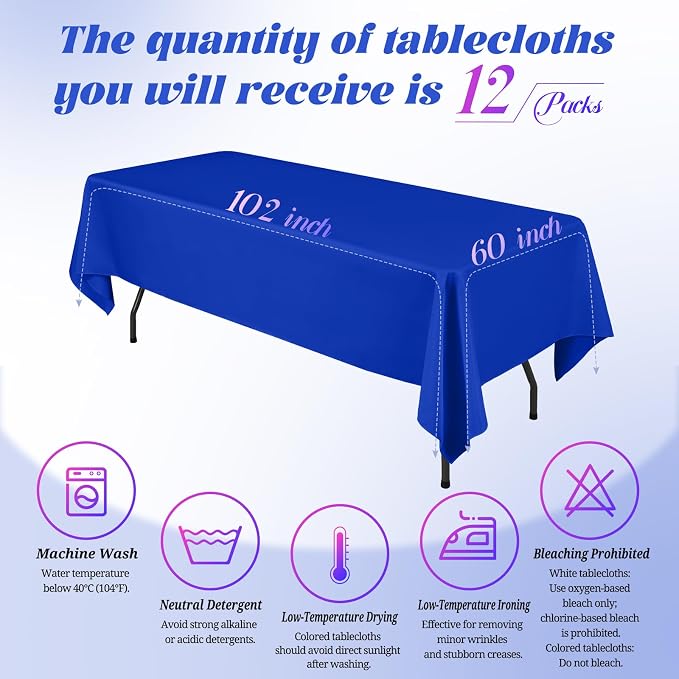 Teruntrue 12 Packs Royal Blue Tablecloths 60x102 inch Rectangle Table Cloth for 6 Foot Rectangle Tables, Washable Polyester Fabric for Wedding Parties Dinner Table Decorative, Royal Blue