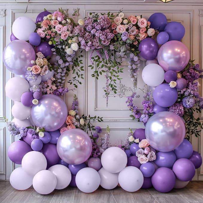 Purple Balloon Garland Kit - Double Stuffed Dark Purple Lavender Balloon Arch Latex Pearl Lilac Color for Baby Shower Birthday Butterfly Wedding Fairy Floral Wild Flower Party Decor