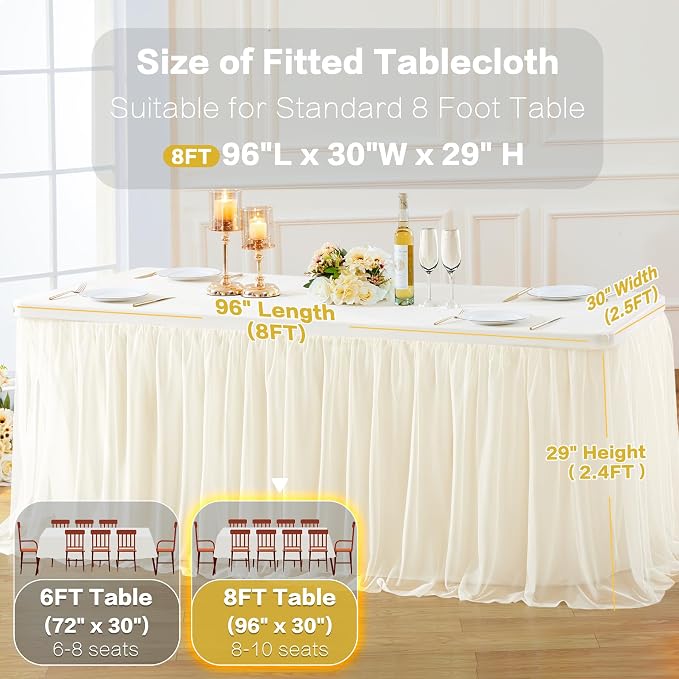 6 Pack Champagne Table Cloth for 8 Foot Rectangle Tables, Stretch Fitted Tulle Table Covers Skirt, Rectangular Ruffle Tutu Tablecloth Wedding Banquet Baby Shower Cake Tablecloths Decorations
