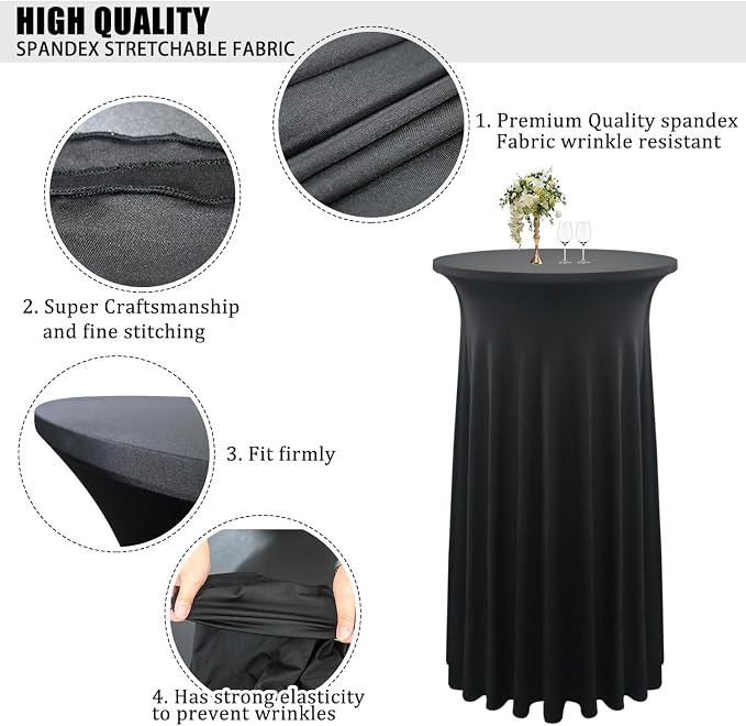 1 Pack 24"x43" Black Round Cocktail Table Skirt | Spandex Tablecloth | Stain & Wrinkle Resistant, Washable for Weddings, Parties, Banquets