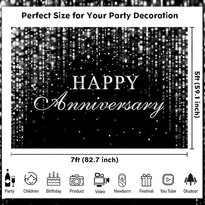 Sensfun Happy Anniversary Backdrop Black Silver Glitter Marriage Wedding Party Decorations Banner Shining Flowing Curtain We Still Do Anniversary Sign Photography Background Photo Booth Props 7x5ft