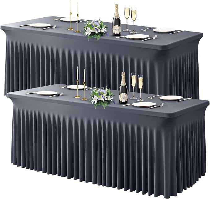 Wish Care 2 Pack Gray Spandex Table Clothes for 4 Foot Rectangle Tables, 4FT Wrinkle Free Fitted Tablecloths Ruffles Design Table Cover for Party, Banquet, Wedding and Events
