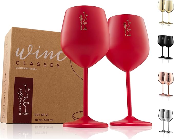 Gusto Nostro Valentine’s Day Gift Stainless Steel Wine Glass – 18 oz Red, Unbreakable Colorful Wine Glasses for Travel, Camping and Pool – Fancy Unique Metal Wine Glass for Outdoor, Picnics (Set of 2)