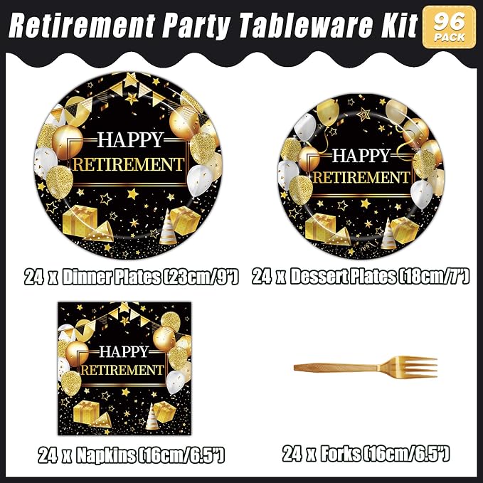 Kepeel 96 Pcs Retirement Party Plates and Napkins Set, Happy Retirement Party Supplies Decorations for Men Women Gold and Black Farewell Going Away Disposable Dinnerware Tableware Kit, Serves 24