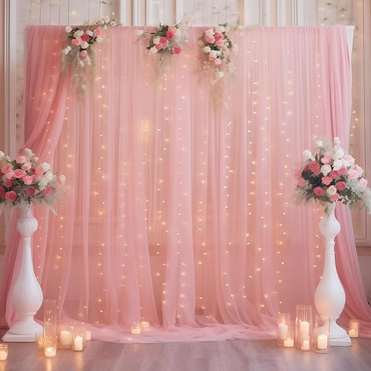 Wish Care 10×8ft Dusty Rose Tulle Backdrop Curtains with Lights String for Parites, Sheer Backdrop Curtain Drapes for Wedding Photo Baby Shower Photography Birthday Party