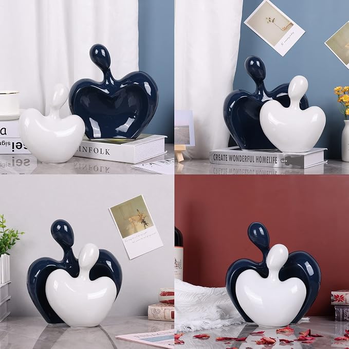 Ceramic Love Statue, Couple Hug Sculpture, Blue and White Home Decor, Modern Home Decor, Love Symbol Statue on Living Room Shelf, Set of 2