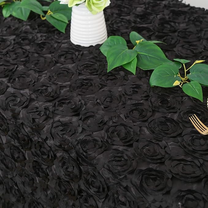 B-COOL Black Tablecloths Party Table Overlay Drape Rosette Table Cover 90 x 132 Inch Rectangle 3D Floral Satin Fabric for Wedding Party Birthday Event Decoration
