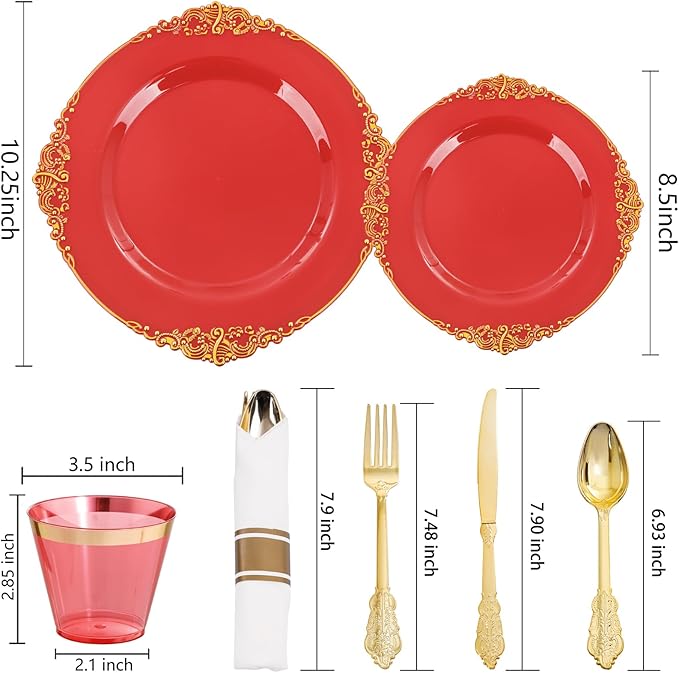 Nervure 175PCS Red Plastic Plates - Disposable Red Gold Party Plates & Pre Rolled Napkins with Cutlery for 25 Guests, 50Plates, 75Silverware, 25Cups, 25Napkin for Wedding & Party & Mothers Day