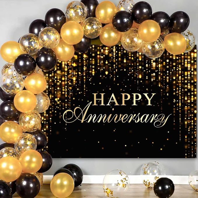 Happy Anniversary Backdrop Black Gold Anniversary Banner Cheers to Marriage Love Wedding Party Decorations Glitter Flowing Drapes Photography Background Photo Booth Props 8x6ft
