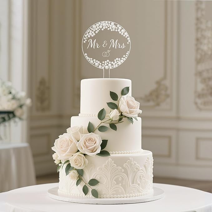 Coucoland Mr and Mrs Cake Topper - Round Acrylic Wedding Cake Decor with Elegant Pearls for Engagement Bridal Anniversary