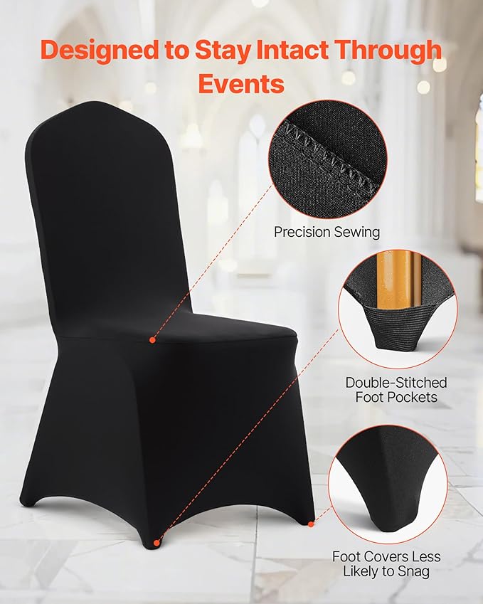 VEVOR Chair Covers, Polyester Spandex Chair Cover, Stretch Slipcovers for Wedding Party Dining Banquet Flat-Front Chair Covers (Black-a, 100PCS)