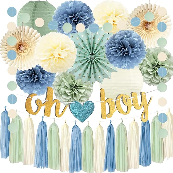 Sage Green and Dusty Blue Baby Shower Decorations Oh Boy Banner Sage Beige Paper Lanterns Tissue Pom Poms Paper Fans Tassel Garlands for Birthday Boho Baby Boy Shower Party Decorations