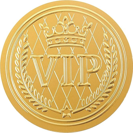 CRASPIRE 2 Inch Gold Embossed Envelope Seals Stickers VIP Crown 100pcs Adhesive Embossed Foil Seals Stickers Label for Wedding Invitations Gift Packaging