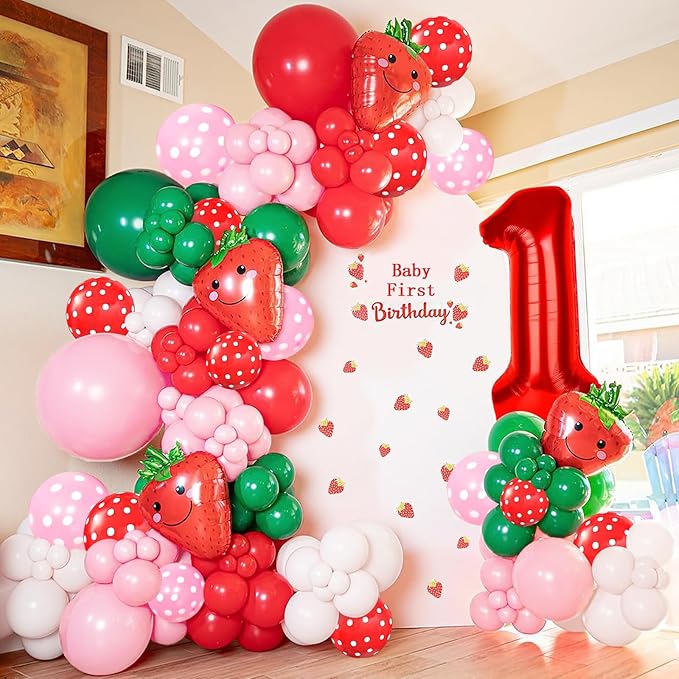 Strawberry Party Decoration Balloon Garland Arch Kit, 143Pcs Red Pink Balloons Strawberry Foil Balloons for Sweet One Boy Girl Berry First Themed Birthday Party Supplies & Baby Shower Decoration