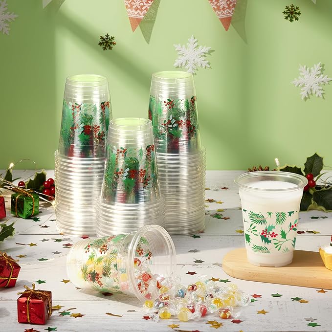 Funnymoom 60 Pack Christmas Plastic Cups 12 oz Seasonal Holly Leaf Disposable Clear Plastic Drinking Cups for Xmas Christmas Winter Holiday Party Decoration Supplies