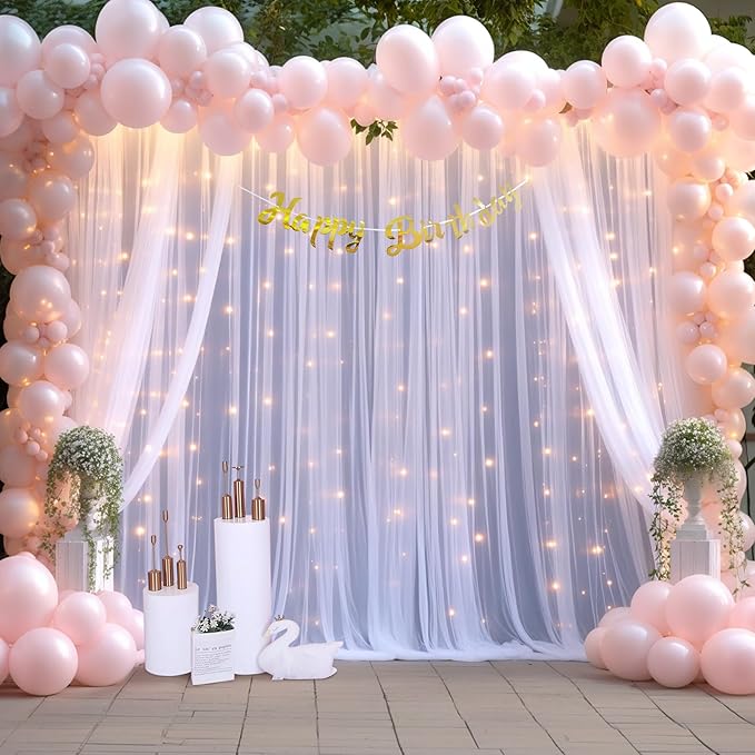 20×15ft White Tulle Backdrop Curtain with Lights String for Parites Sheer Fabric Backdrop Curtains White Backdrop Drapes for Wedding Baby Shower Birthday Party Photo Shoot Background 4 Panels 5ft×15ft
