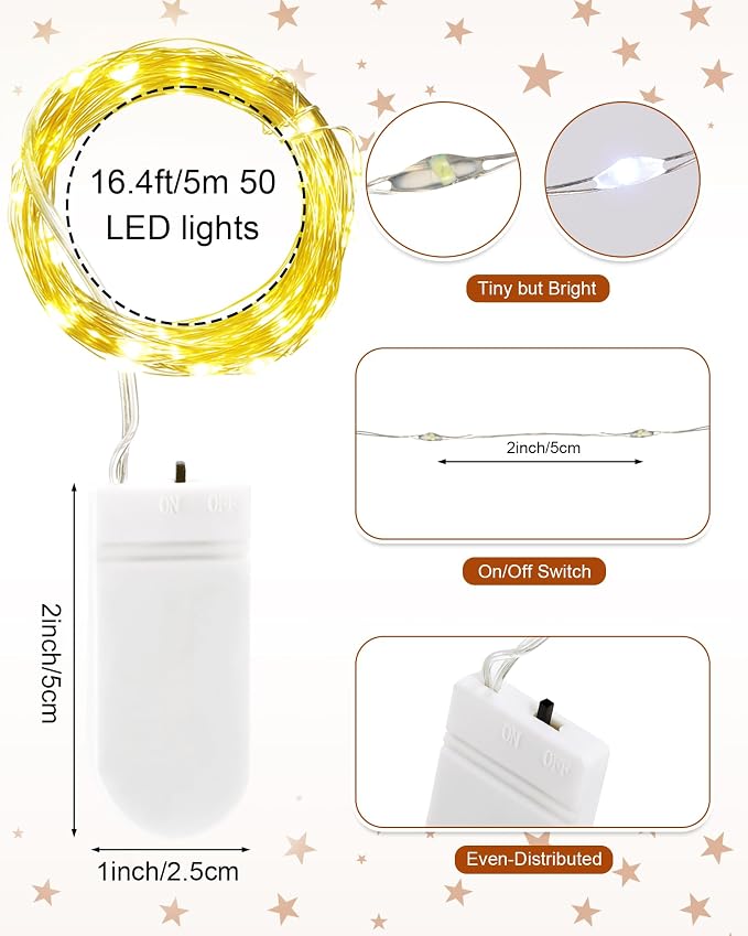 Riakrum 50 Pack 16.4 ft 50 LED Fairy Lights Battery Operated, Christmas Tiny String Lights Bulk Starry Light Waterproof for Mason Jars Wedding Party Xmas Centerpiece Table Decor, Warm White