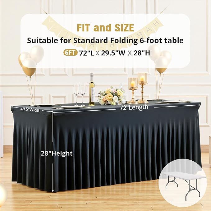 6 Pack 6ft Black Spandex Table Cloths for Rectangle Tables Wrinkle Free Black Rectangle Tablecloths, Stretch Fitted Table Cover with Skirt for Wedding Birthday Party Banquet Baby Shower Buffet Event