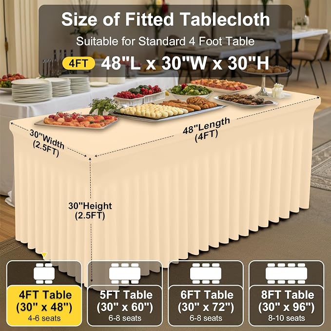 Smiry Spandex Tablecloth, Elastic Fitted Stretch Tablecloth for 4FT Rectangle Tables, Waterproof Washable Table Cover Skirt for Outdoor, Wedding, Banquet & Parties (Ivory, 48Lx30Wx30H Inch)