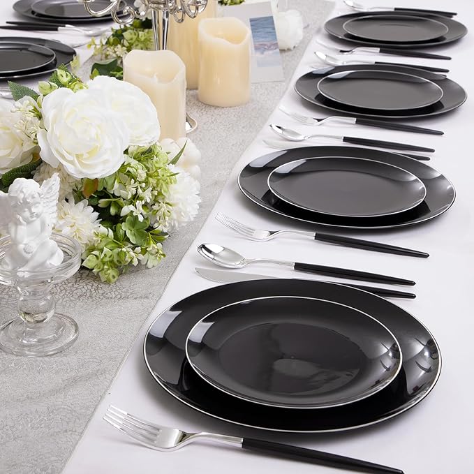 DaYammi 30 Guests Black Plastic Plates with Disposable Silverware,Silver Cutlery with Black Handle,Silver Disposable Dinnerware:60 Dinner/Dessert Plates,90 Plastic Silverware Set for Party Wedding