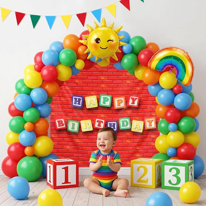 TaoBary 122 Pcs Rainbow Happy Birthday Party Decorations Kits, Friends Birthday Party Supplies, Colorful Cartoon Balloons Backdrop Banner Number Boxes for Rainbow Decoration Supplies