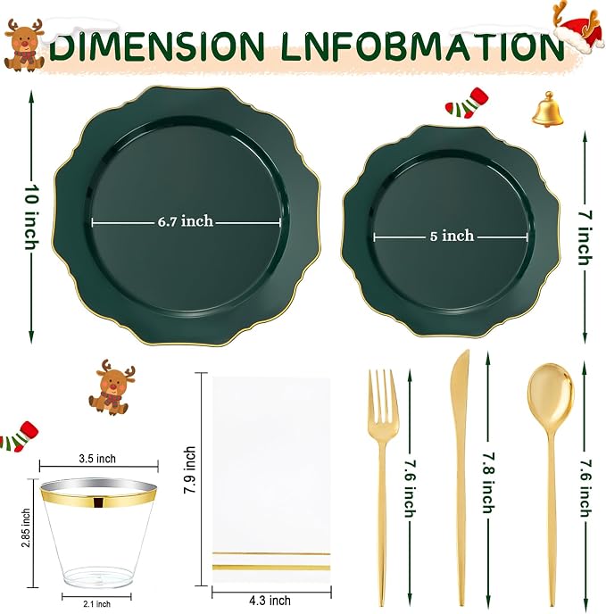WDF 175Pcs Green Plastic Plates - Green Plates Disposable with Gold Rim - Christmas Plastic Plate - Fancy Disposable Dinnerware Sets 25 Guests Ideal for Party/Wedding/Birthday/2026 FIFA World Cup